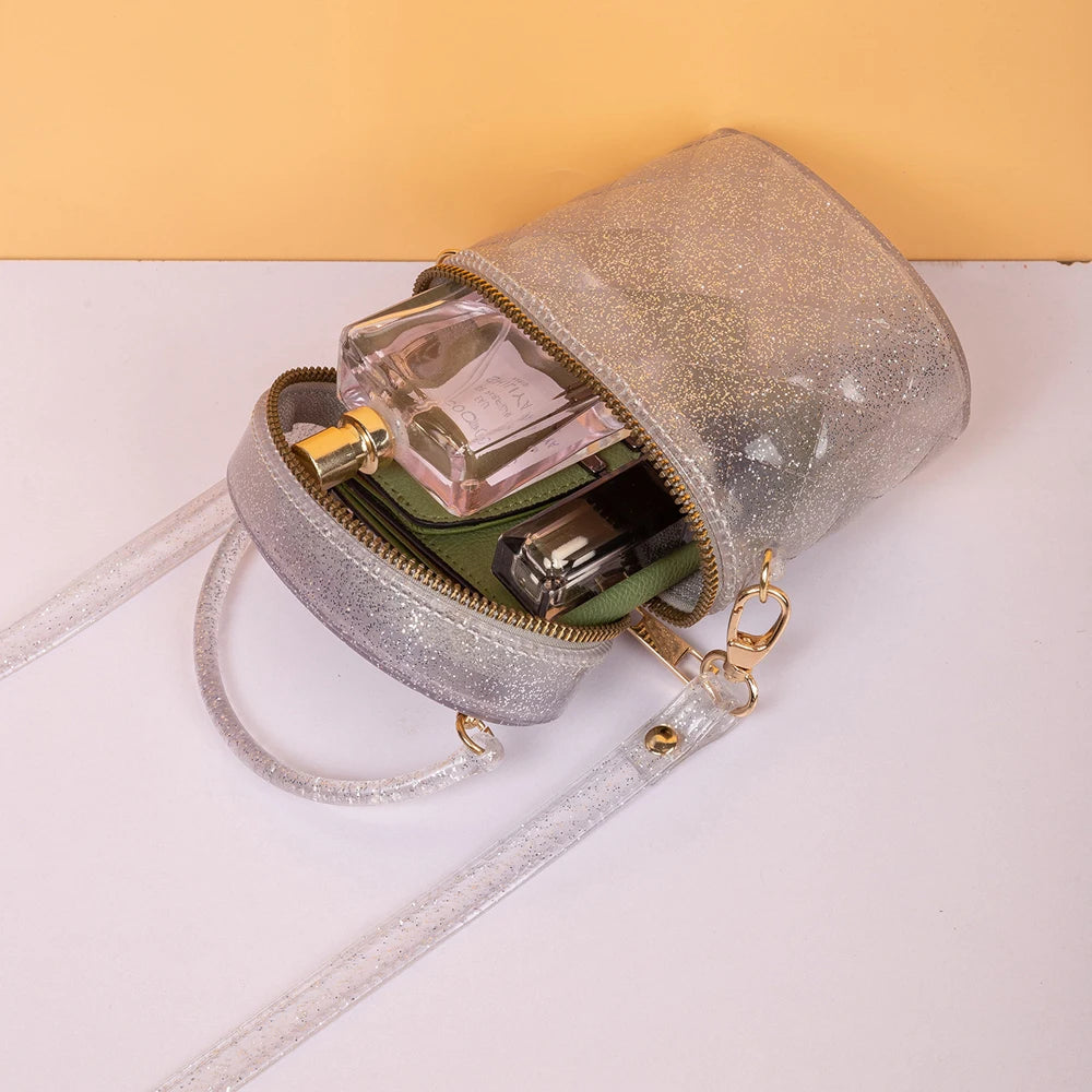 Barrel Shape Crossbody Bag Mini Shoulder Bag PVC Purple Red Silver Tote Handbag