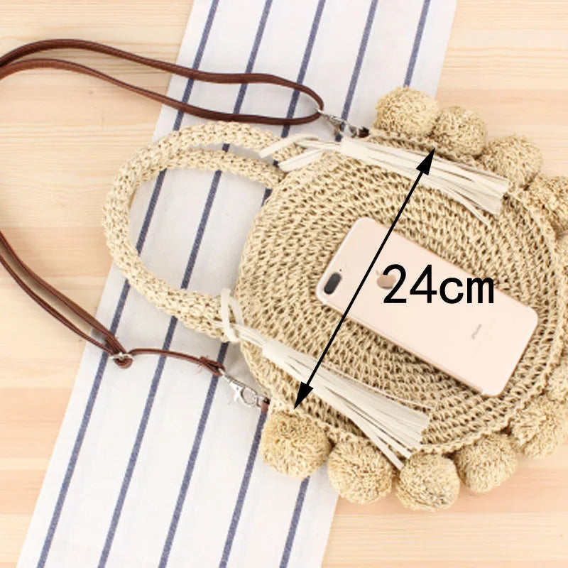 Summer Women Round Ball Bag Rattan Woven Shoulder Messenger Straw Bag