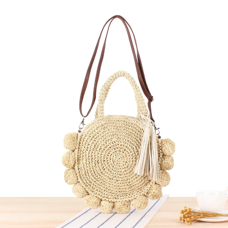 Summer Women Round Ball Bag Rattan Woven Shoulder Messenger Straw Bag