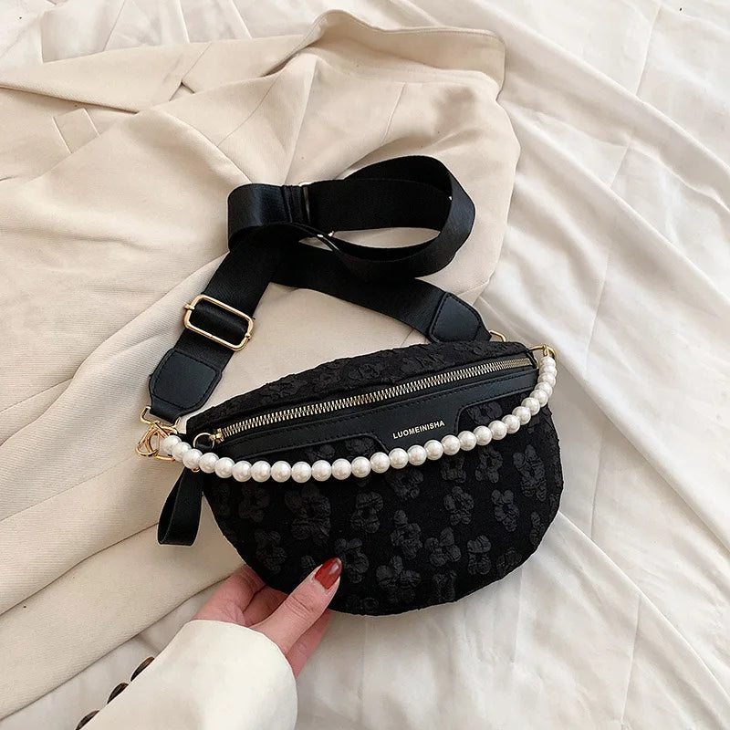 Women's Beaded Fanny Pack Soft Fabric Waist Bag Female Waist Pack