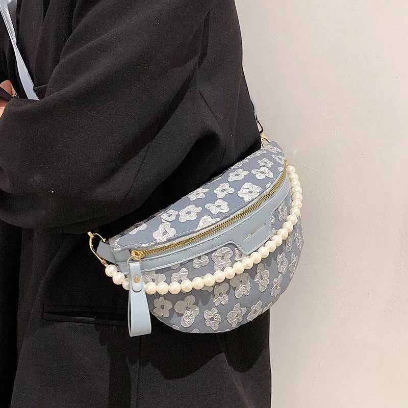 Women's Beaded Fanny Pack Soft Fabric Waist Bag Female Waist Pack