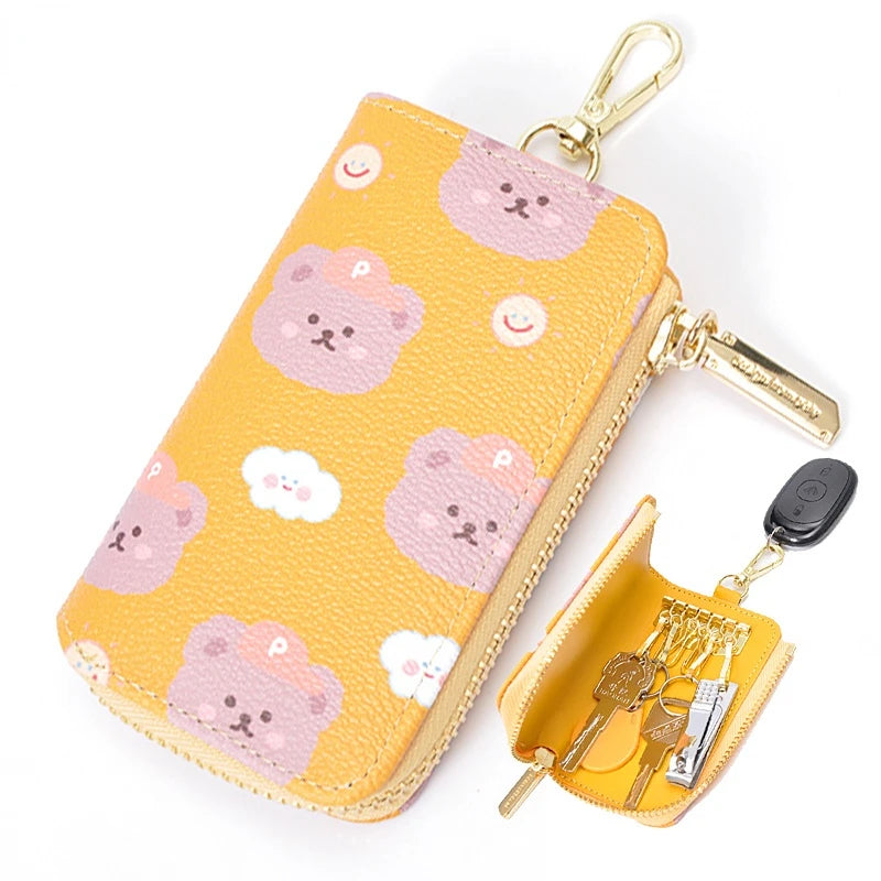 Bear Print Key Holder Wallet Chain Zipper PU Leather Organizer Case Key Bag