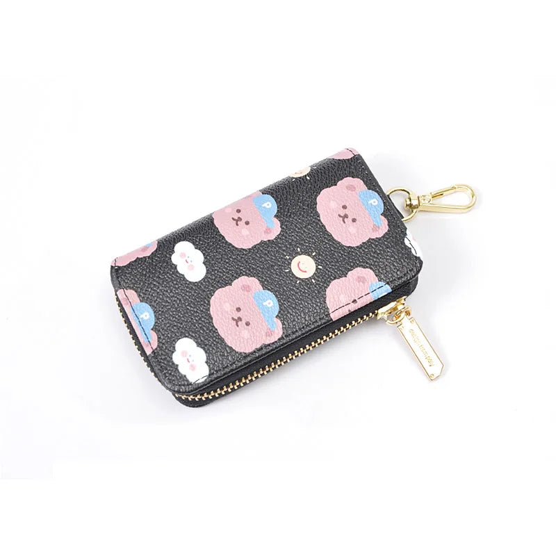 Bear Print Key Holder Wallet Chain Zipper PU Leather Ladies Key Bag