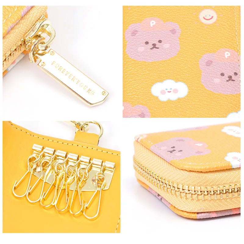 Bear Print Women Key Holder Wallet Chain Zipper Cover