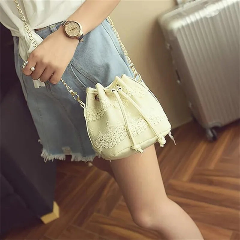 Bohemia Style Lady Lace Drawstring Bucket Bag Chain Shoulder Crossbody Bag