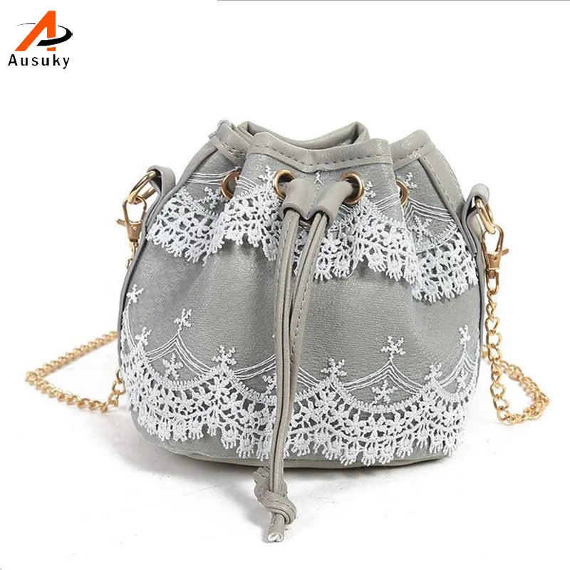 Bohemia Style Lady Lace Drawstring Bucket Bag Chain Shoulder Crossbody Bag