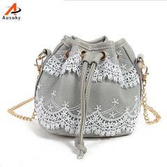 Bohemia Style Lady Lace Drawstring Bucket Bag Chain Shoulder Crossbody Bag