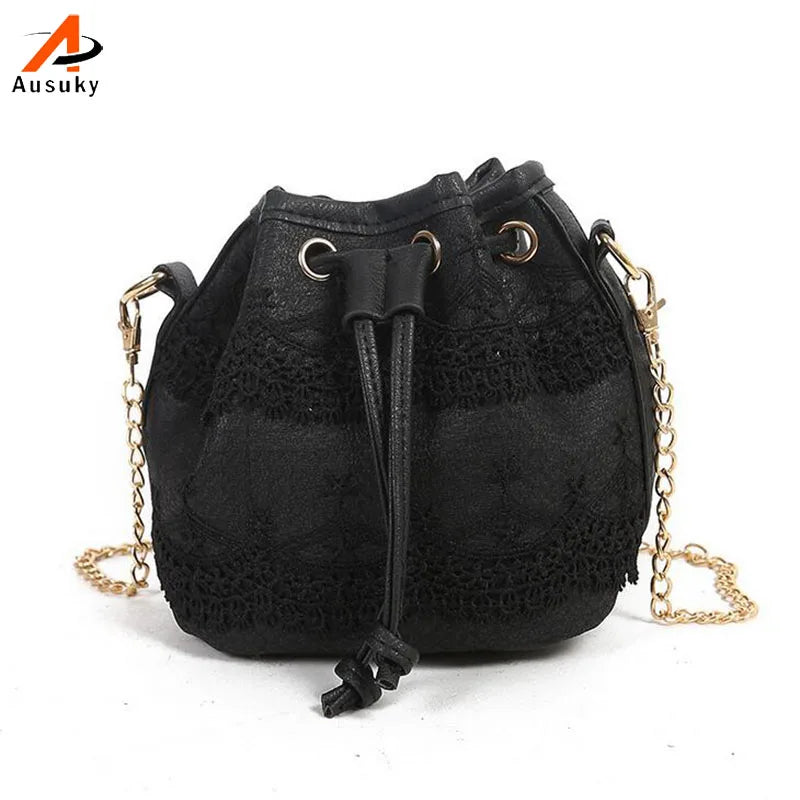 Bohemia Style Lady Lace Drawstring Bucket Bag Chain Shoulder Crossbody Bag
