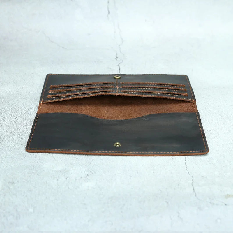 Mens Long Crazy Horse Cow Leather Wallets Clutch Vintage Male Money Bag