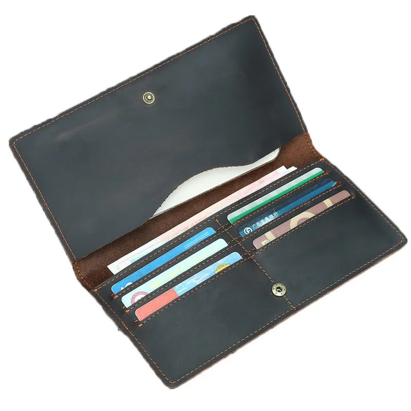 Mens Long Crazy Horse Cow Leather Wallets Clutch Vintage Male Money Bag