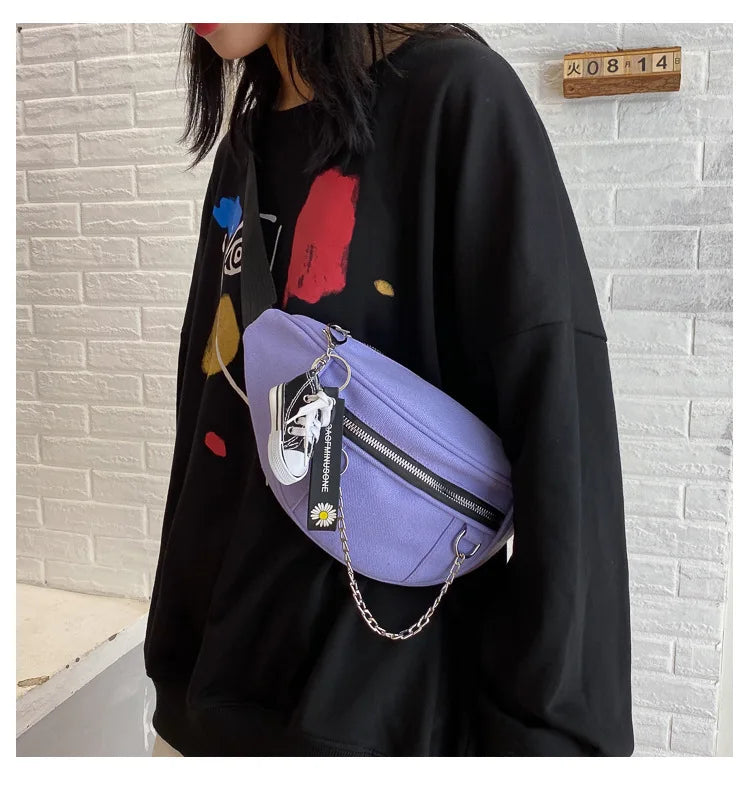 Canvas Chain Fanny Waist Bag Zipper Chest Bag Sport Travel Girl Waist Belt Bags