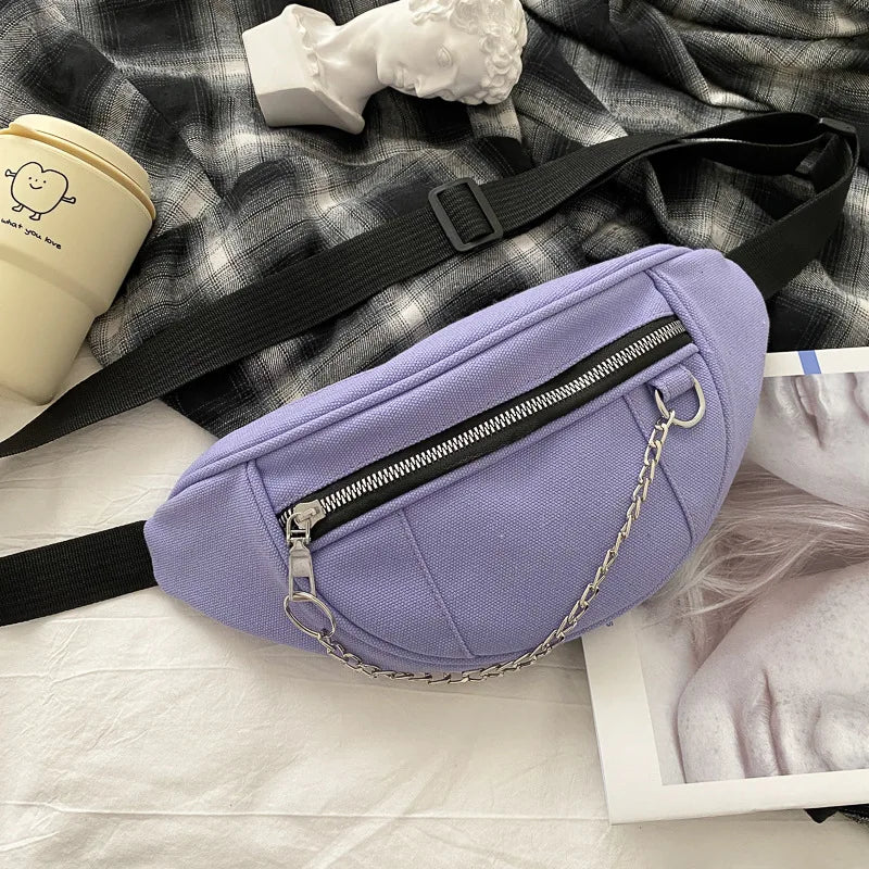 Canvas Chain Fanny Waist Bag Zipper Chest Bag Sport Travel Girl Waist Belt Bags