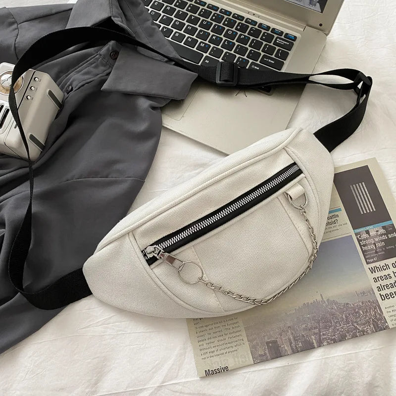 Canvas Chain Fanny Waist Bag Zipper Chest Bag Sport Travel Girl Waist Belt Bags