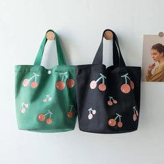 Canvas School Lunch Bag Women's Bucket Bag Portable Lunch Box Cherry Bag