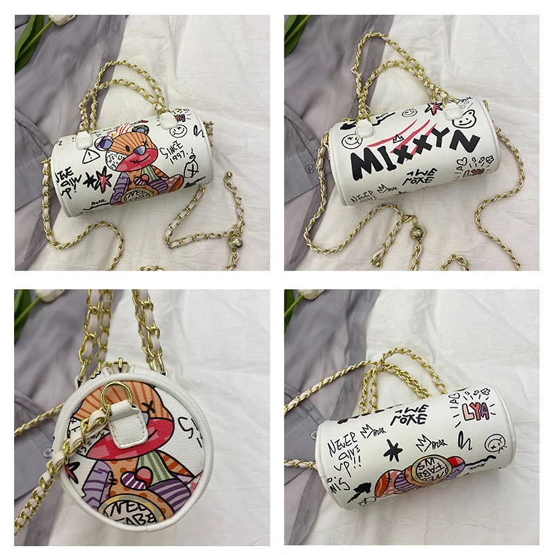 Bear Graffiti PU Leather Crossbody Bag Chain Shoulder Handbag