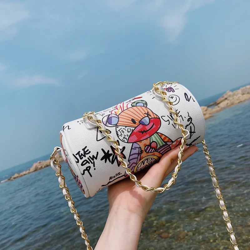 Bear Graffiti PU Leather Crossbody Bag Chain Shoulder Handbag