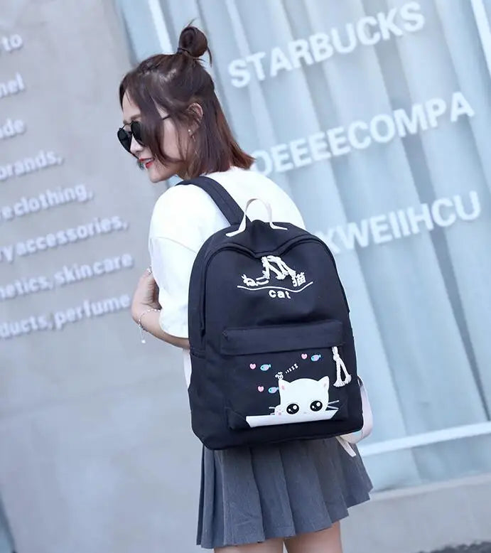 Cat Expression Canvas Backpack Set for Students