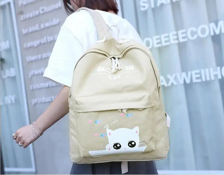 Cat Expression Canvas Backpack Set for Students