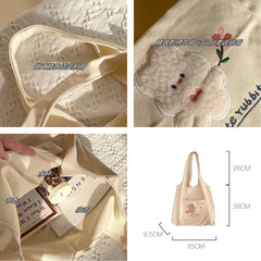 Cartoon Embroidery Canvas Shoulder Bag Large Capacity Tote Handbag
