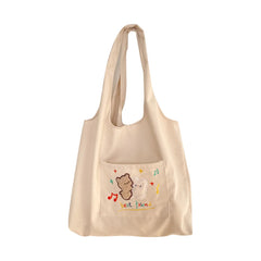 Cartoon Embroidery Canvas Shoulder Bag Large Capacity Tote Handbag