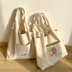 Cartoon Embroidery Canvas Shoulder Bag Large Capacity Tote Handbag