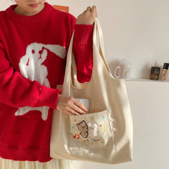 Cartoon Embroidery Canvas Shoulder Bag Large Capacity Tote Handbag
