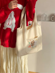Cartoon Embroidery Canvas Shoulder Bag Large Capacity Tote Handbag