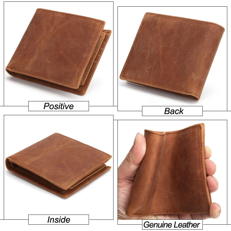 Men's Cow Leather Short Wallet Crazy Horse Male Cash Purses Clutch