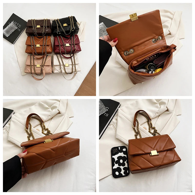 Women's Crossbody Bag PU Leather Handbag Shoulder Purse Casual Chain Design