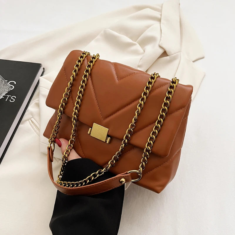 Women's Crossbody Bag PU Leather Handbag Shoulder Purse Casual Chain Design
