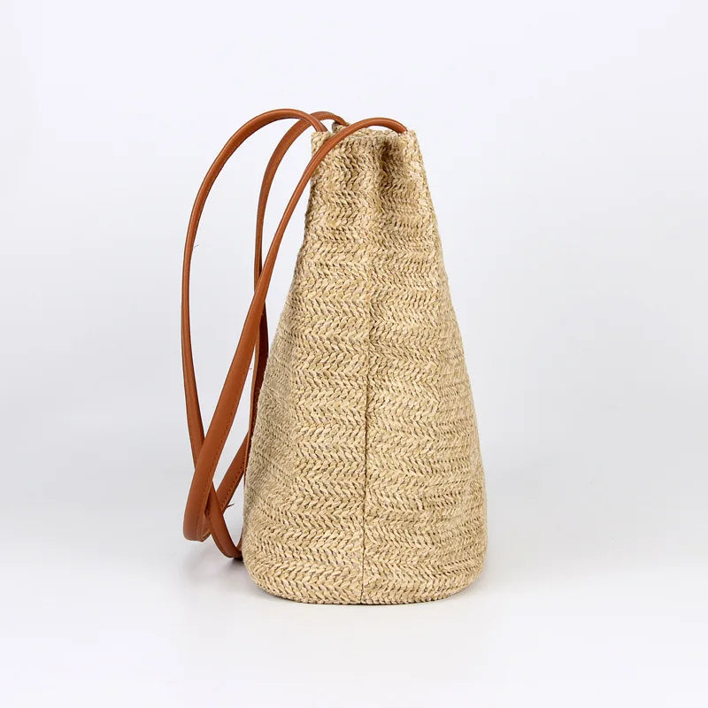 Straw Beach Bag Large Capacity Rattan Shoulder Bucket Bags
