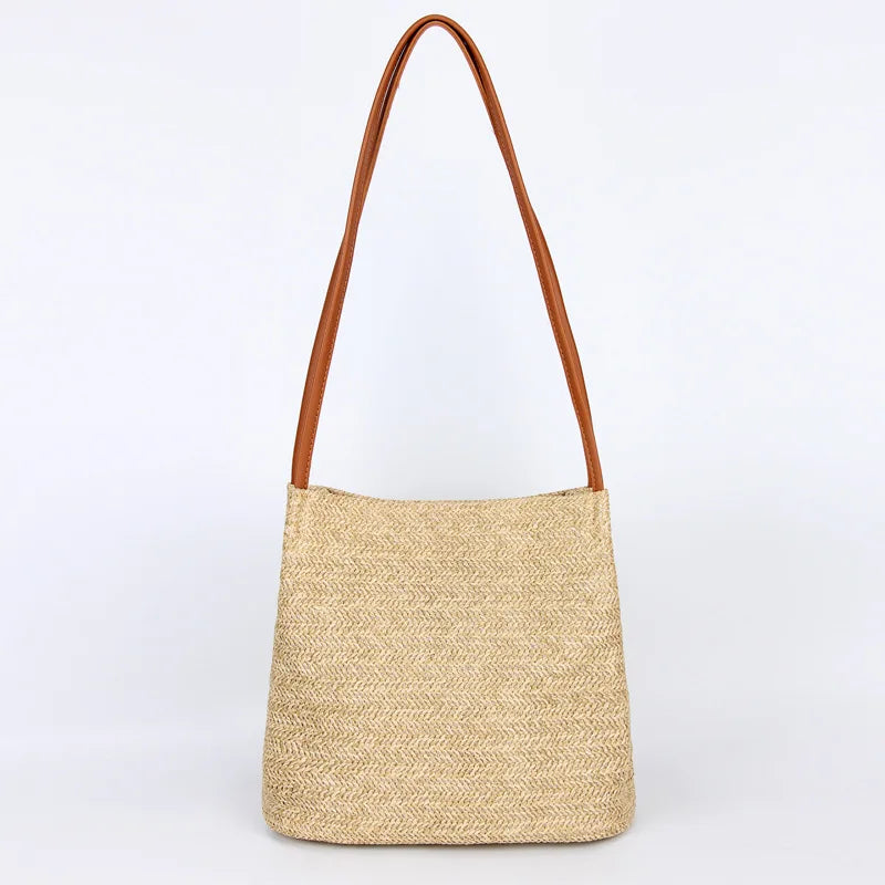 Straw Beach Bag Large Capacity Rattan Shoulder Bucket Bags