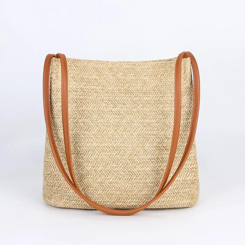 Straw Beach Bag Large Capacity Rattan Shoulder Bucket Bags