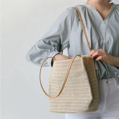 Straw Beach Bag Large Capacity Rattan Shoulder Bucket Bags