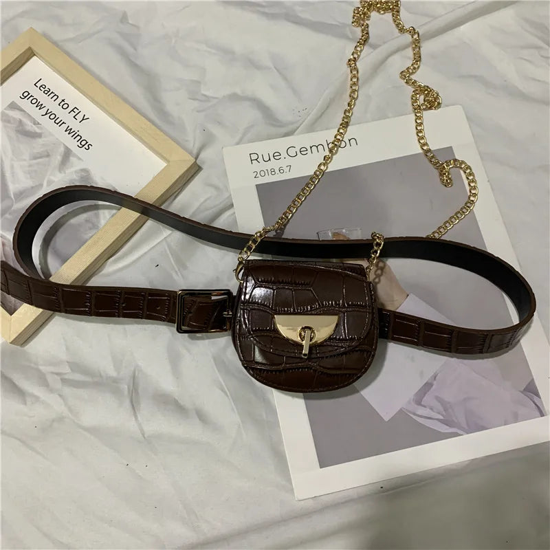 Chain Fanny Pack Women Leather Waist Bag Chest Pack Female Belt Bags