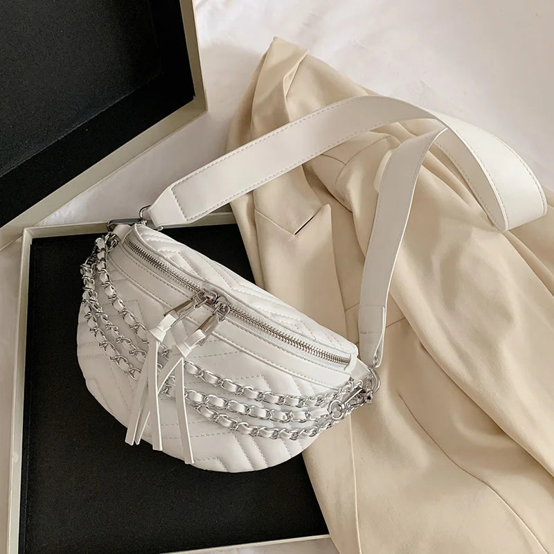 Leather Chain Waist Bag for Women Lady Purse Hip Pack Crossbody Bag