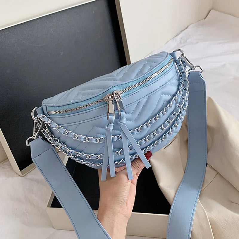 Leather Chain Waist Bag for Women Lady Purse Hip Pack Crossbody Bag