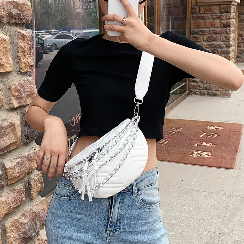 Leather Chain Waist Bag for Women Lady Purse Hip Pack Crossbody Bag