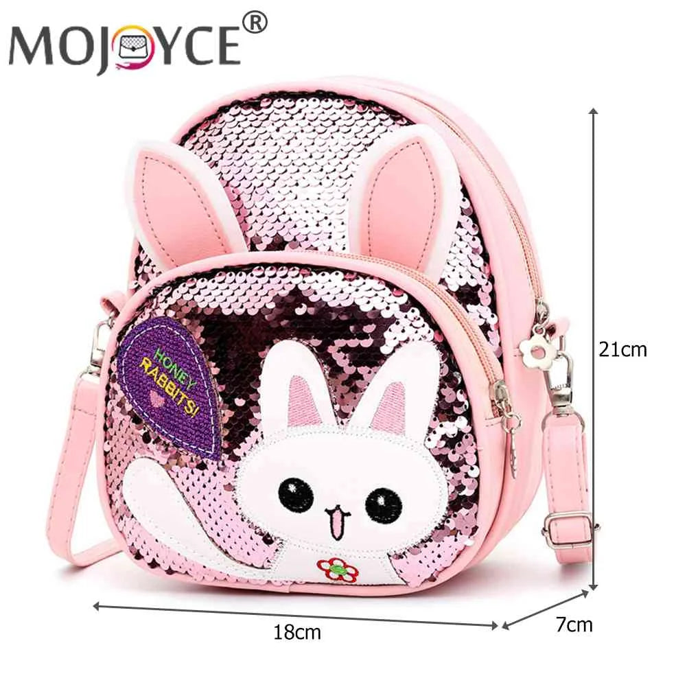Girls Rabbit Ear Sequins Backpack Kids School PU Leather Book Bags