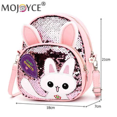 Girls Rabbit Ear Sequins Backpack Kids School PU Leather Book Bags