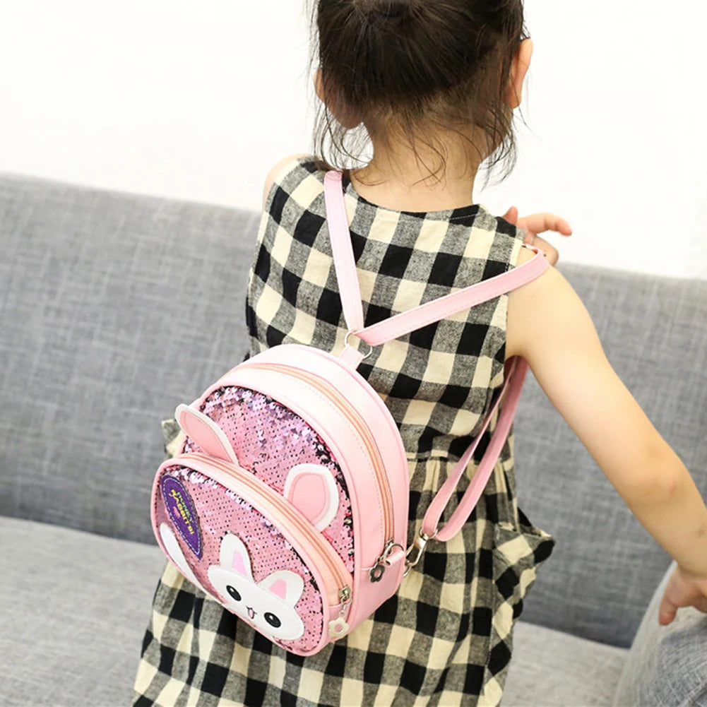Girls Rabbit Ear Sequins Backpack Kids School PU Leather Book Bags