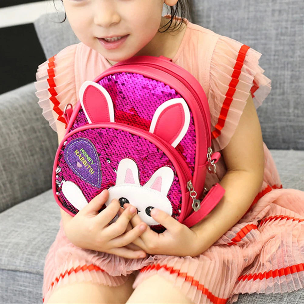 Girls Rabbit Ear Sequins Backpack Kids School PU Leather Book Bags