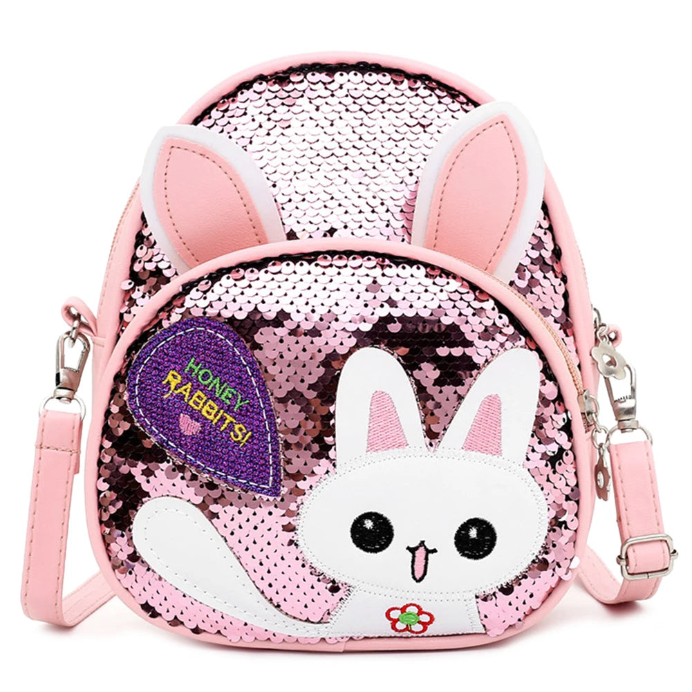 Girls Rabbit Ear Sequins Backpack Kids School PU Leather Book Bags