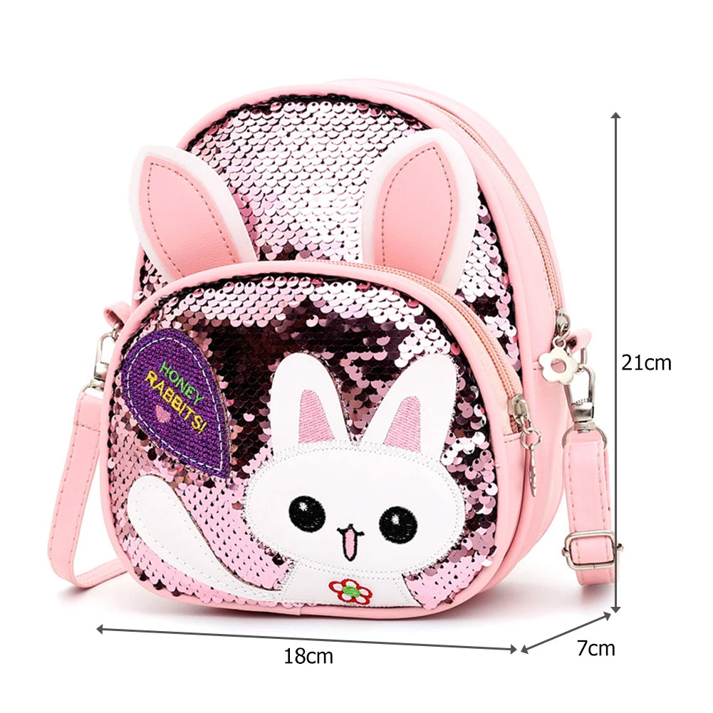 Girls Rabbit Ear Sequins Backpack Kids School PU Leather Book Bags