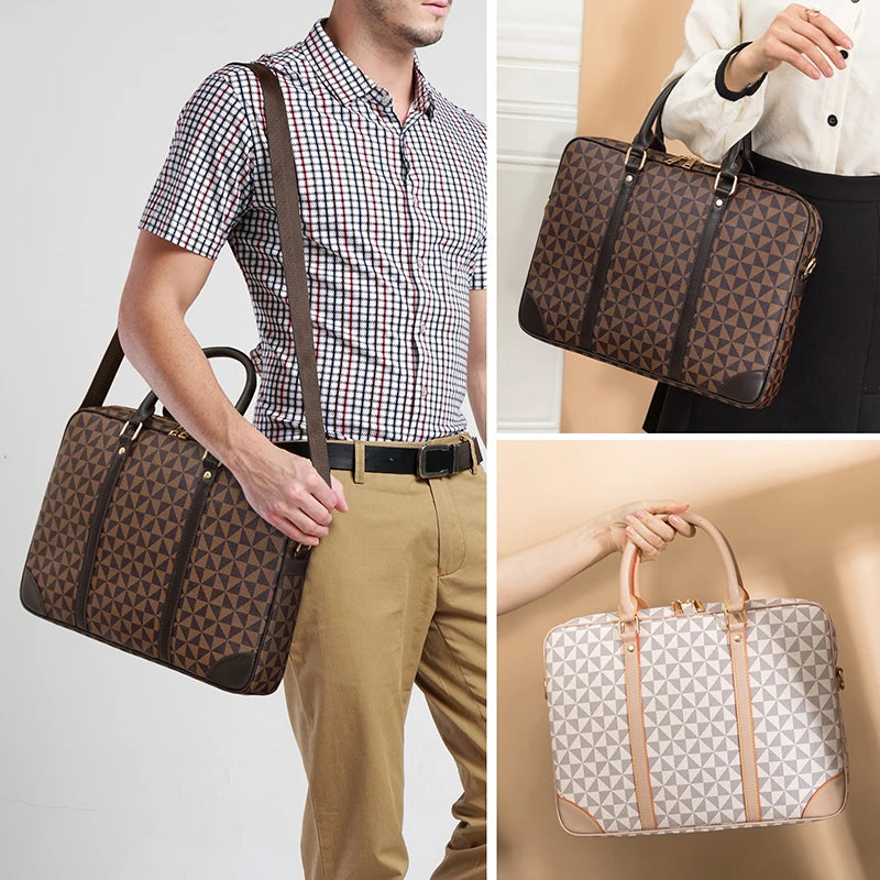 Plaid Leather Laptop Briefcase for Office Business Travel