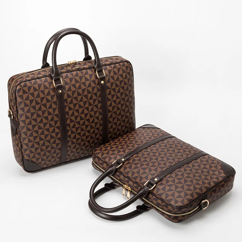 Plaid Leather Laptop Briefcase for Office Business Travel