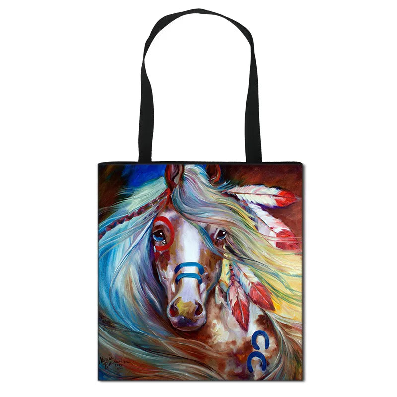 Horse Canvas Shoulder Bag Women Handbag Girls Travel Totes
