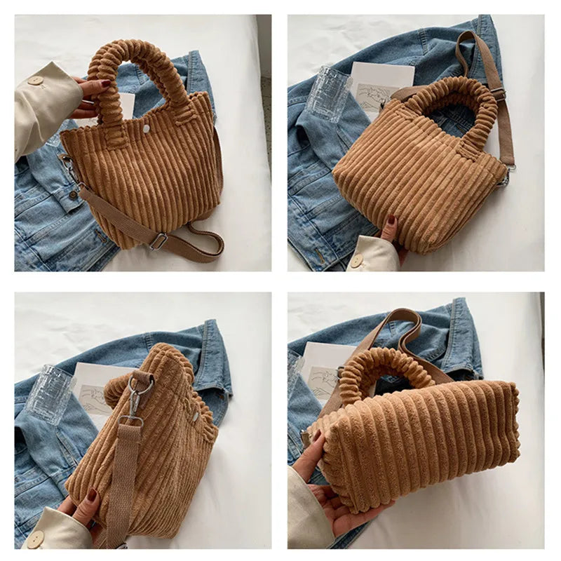 Corduroy Women'S Bucket Bag Soft Handbags Totes Crossbody Shoulder Bags