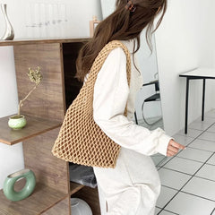 Cotton Thread Knit Women Handbags Hollow Out Net Tote Bag