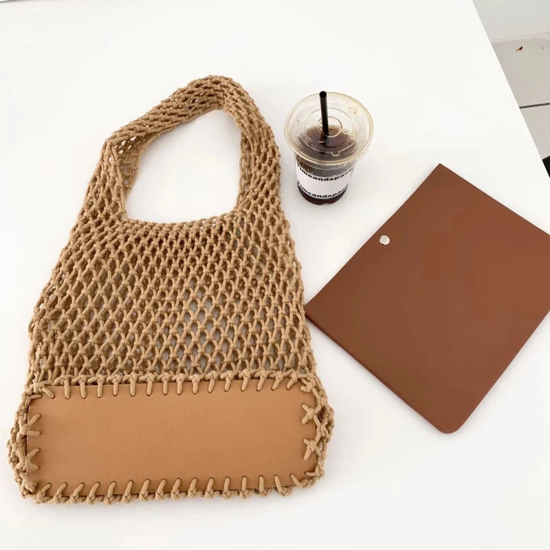 Cotton Thread Knit Women Handbags Hollow Out Net Tote Bag